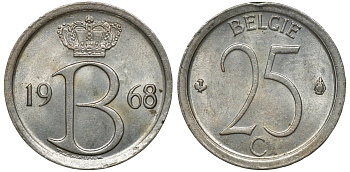 Бельгия 25 сантимов 1968 Belgie, Бодуэн I (1951-1993) KM 154.1 медно-никель 72-656