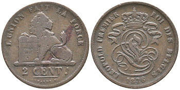 БЕЛЬГИЯ 2 САНТИМА 1836 KM 4.2 медь 34-336