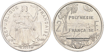 Французская Полинезия 2 франка 1999 KM 10 алюминий 4126-1121