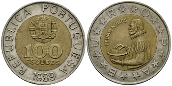 Португалия 100 эскудо 1989 Педру Нуниш (1502-1578), математик KM 645.1 биметалл 4551-741