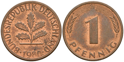 ФРГ 1 пфенниг 1980 D KM 105, J. 380 сталь плакированная медью    4598-566