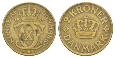 Дания 2 кроны 1940 N, Кристиан X (1912-1947) KM 825 алюминиевая бронза 4634-523