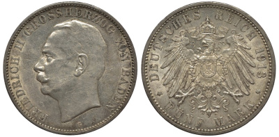 Баден 5 марок 1913 G, Фридрих II (1907-1918) KM 281, Jaeger 40, Weege 40 серебро 00-1067-4-23