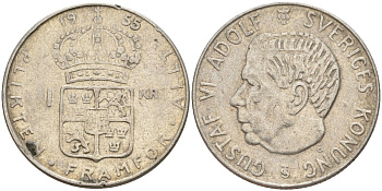 Швеция 1 крона 1955 TS, Густав VI Адольф (1950-1973) KM 826 серебро 4148-1145