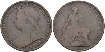 Великобритания 1 пенни 1900 Виктория (1837-1901) KM 790, Spink 3961 бронза 4590-1116