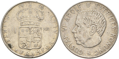 Швеция 1 крона 1955 TS, Густав VI Адольф (1950-1973) KM 826 серебро 4148-1145