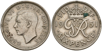 Великобритания 6 пенсов 1951 Георг VI (1936-1952) KM 875, Spink 4110 медно-никель 4151-1262