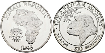 Сомали 10 долларов 1998 UNUSUAL, африканские обезьяны, вес 1 OZ, проба 0,999 KM X#9 серебро PROOF 11-320-34