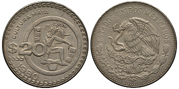 МЕКСИКА 20 ПЕСО 1980 КУЛЬТУРА МАЙЯ KM 486 медно-никель VF+ 118-931