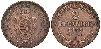 Саксония 2 пфеннига 1869 В, Иоганн (1854-1873) KM 1217, Jaeger 121, AKS 155 медь 75-1129