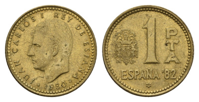 Испания 1 песета 1980 (80) чемпионат мира по футболу в Испании 1982 года, Хуан Карлос I (1975-2014) KM 816 алюминиевая бронза 4609-1238