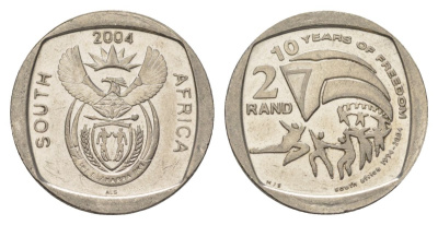 ЮАР 2 ранда 2004 10 лет первым всеобщим выборам KM 334 медь плакированная никелем UNC 4628-124