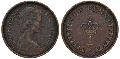 Великобритания 1/2 пенни 1971 Елизавета II (1952-2022) KM 914, Spink 4239 бронза 4124-559