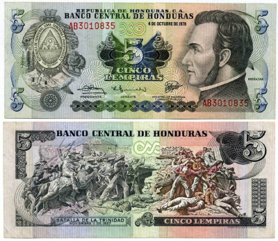 ГОНДУРАС 5 ЛЕМПИРА 1978 4 ОКТЯБРЯ 1978, ФРАНСИСКО МОРАСАН, СЦЕНА БИТВЫ ЗА ТРИНИДАД Pick 63a бумага 8592-25-1-1