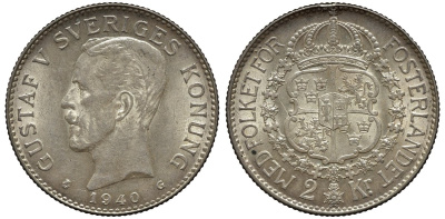 Швеция 2 кроны 1940 G, Густав V (1907-1950) KM 787 серебро 00-00