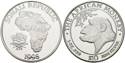 Сомали 10 долларов 1998 UNUSUAL, африканские обезьяны, вес 1 OZ, проба 0,999 KM X#9 серебро PROOF 11-320-34