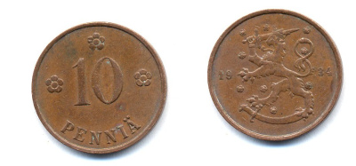 Финляндия 10 пенни 1934 республика (1918-1962) KM 24 медь 51-5416