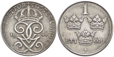 Швеция 1 эре 1946 Густав V (1907-1950) KM 810 железо 116-1129