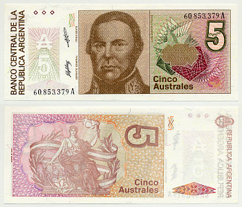 АРГЕНТИНА 5 АУСТРАЛЕЙ 1987 СЕРИЯ А 60853, ХОСЕ де УРКИСА, ПРЕЗИДЕНТ АРГЕНТИНСКОЙ КОНФЕДЕРАЦИИ (1856-1860) Pick 324а бумага UNC (ПРЕСС) 6301-6-1
