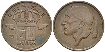 БЕЛЬГИЯ 50 САНТИМОВ 1955 BELGIQUE, БОДУЭН I (1951-1993) KM 144 бронза 116-1013