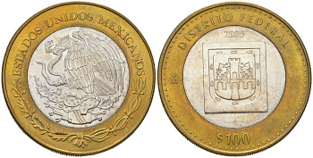 Мексика 100 песо 2005 180 лет Федерации - Федеральный округ KM 713 биметалл, серебро BU 00-1067-8-51