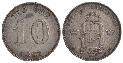 Швеция 10 эре 1887 Оскар II (1872-1907) король Швеции и Норвегии KM 755 серебро 4179-522