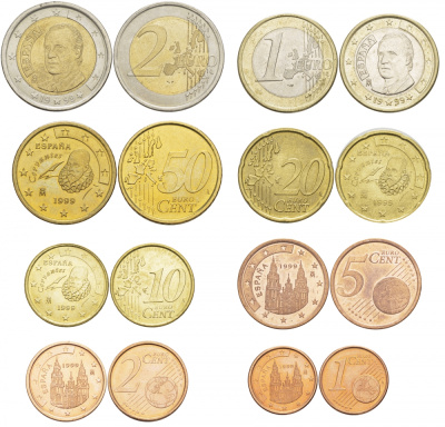 Испания полный евронабор из 8 монет 1999 1, 2, 5, 10, 20, 50 евроцентов, 1 и 2 евро KM 1040, 1041, 1042, 1070, 1071, 1072, 1073, 1074 4686-111-118