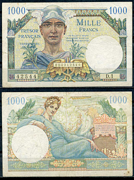 Франция 1000 франков ND (1947) казначейство вооруженных сил, меркурий Pick M10 бумага 451-205-2