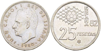 Испания 25 песет 1980 (80) чемпионат мира по футболу в Испании 1982 года, Хуан Карлос I (1975-) KM 818 медно-никель 3334-216