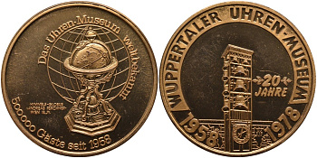 Германия медаль 1978 20 ЛЕТ МУЗЕЮ ЧАСОВ СЕМЬИ АБЕЛЕРА В ВУППЕРТАЛЕ (1958-1978), диаметр 40 мм. бронза 01-149-21
