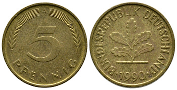 ФРГ 5 ПФЕННИГОВ 1990 A KM 107, J. 382 сталь плакированная латунью 179-1048