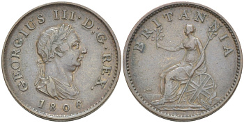 Великобритания 1 фартинг 1806 Георг III (1760-1820) KM 661, Spink 3782 медь 4543-1124