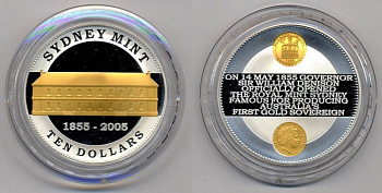 Австралия 10 долларов 2005 150 лет монетному двору в Сиднее, коробка, сертификат, серебро, позолота KM 751 серебро PROOF 00-00