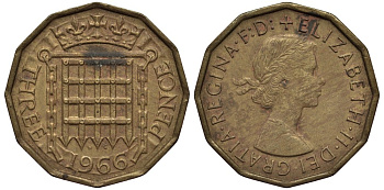 Великобритания 3 пенса 1966 Елизавета II (1952-2022) KM 900, Spink 4153 никель латунь 4538-1132