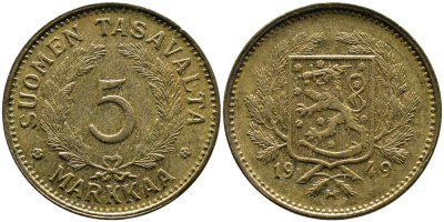 ФИНЛЯНДИЯ 5 МАРОК 1949 WIDE H KM 31а латунь 4388-1033