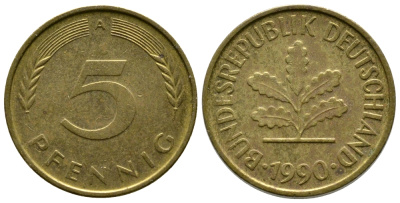 ФРГ 5 ПФЕННИГОВ 1990 A KM 107, J. 382 сталь плакированная латунью 179-1048