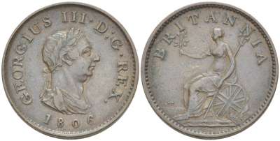 Великобритания 1 фартинг 1806 Георг III (1760-1820) KM 661, Spink 3782 медь 4543-1124