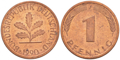 ФРГ 1 ПФЕННИГ 1990 J KM 105, J.380 сталь плакированная медью 4396-1542
