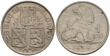 Бельгия 1 франк 1939 Belgie - Belgique KM 120 никель 217-451