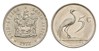 ЮАР 5 центов 1972 герб, райский журавль, редкий год - 3.117.000 экземпляров KM 84 никель UNC 4602-961