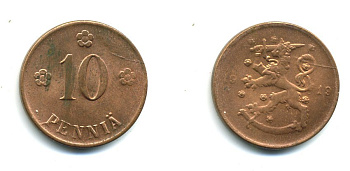 Финляндия 10 пенни 1919 KM 24 медь 37-253