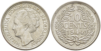 Нидерланды 10 центов 1944 Вильгельмина (1890-1948) KM 163 серебро aUNC 66-1237