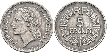 Франция 5 франков 1947 B, открытая 9, тип Лаврийе KM 888b.2, Le Franc 339.11 алюминий 81-136