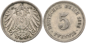 ГЕРМАНИЯ 5 ПФЕННИГОВ 1906 F, KM 11, J. 12 медно-никель 75-833