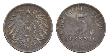 Германия 5 пфеннигов 1918 A KM 19, J. 297 железо плакированная цинков 4659-228