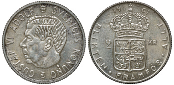 Швеция 2 кроны 1961 TS, Густав VI Адольф (1950-1973) KM 827 серебро 4179-1335