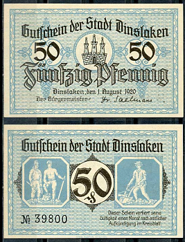 Германия, Динслакен 50 пфеннигов 1920 нотгельд, 1.8.1920 Tieste 1395/03 бумага UNC (пресс) 8614-45-4-2