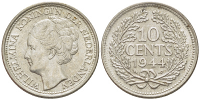 Нидерланды 10 центов 1944 Вильгельмина (1890-1948) KM 163 серебро aUNC 66-1237