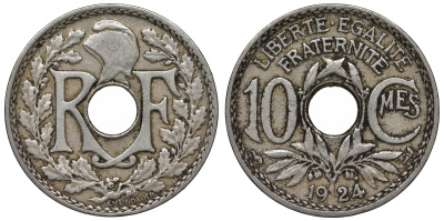 Франция 10 сантимов 1924 тип Lindauer KM 866а, Le Franc 138.12 медно-никель 4128-142