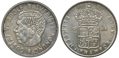 Швеция 2 кроны 1961 TS, Густав VI Адольф (1950-1973) KM 827 серебро 4179-1335